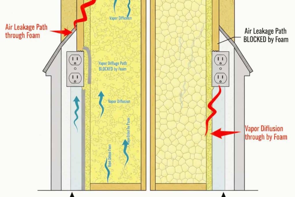 Diagram showing air leakage paths blocked by spray foam and separate vapor diffusion paths through open-cell and closed-cell foam