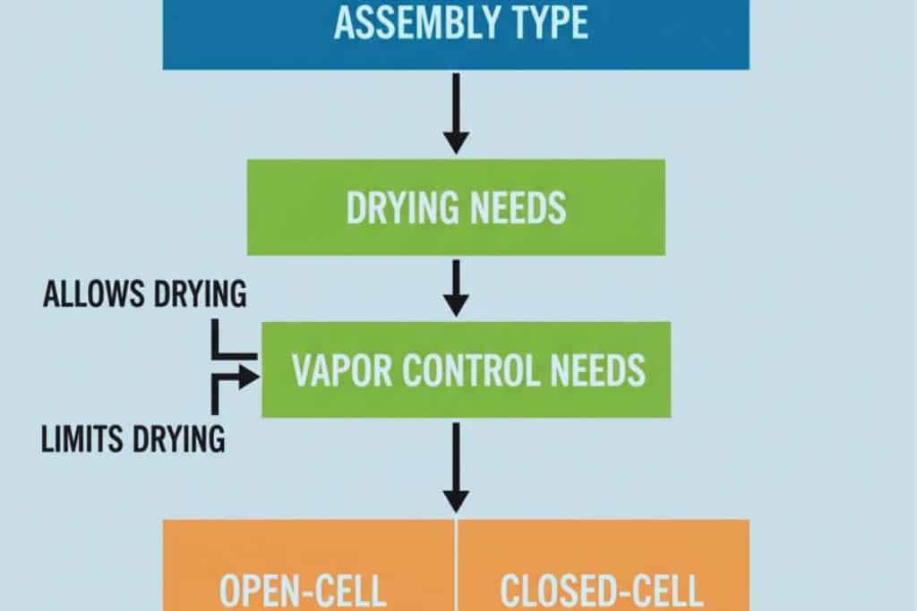 Flowchart showing how assembly type and drying requirements guide choosing open-cell or closed-cell spray foam