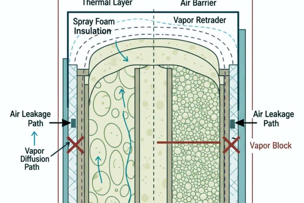 Illustration highlighting thermal, air, and vapor control layers and where spray foam fits within the building envelope