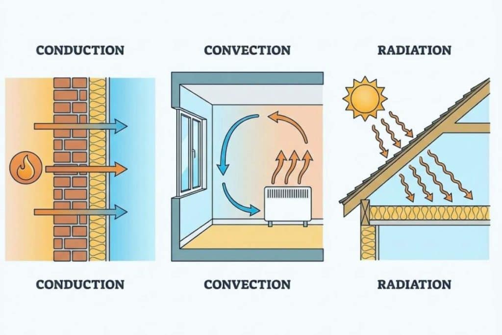 Diagram showing heat loss and gain through conduction, convection from air leakage, and radiation across attic spaces
