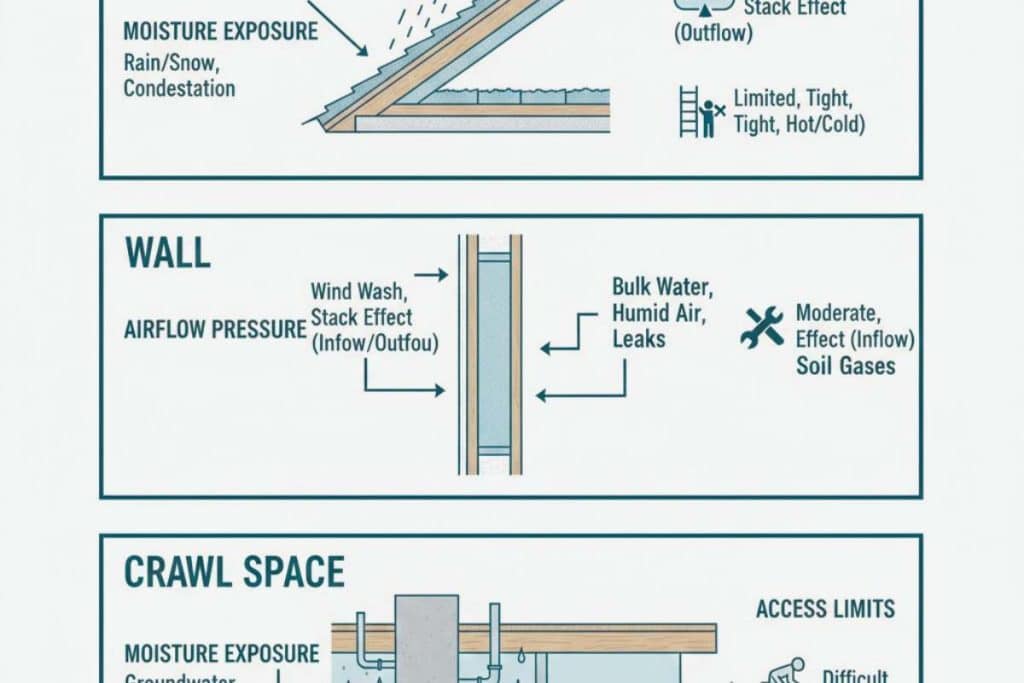 Illustration comparing attic, wall, and crawl space assemblies with different moisture, airflow, and access conditions
