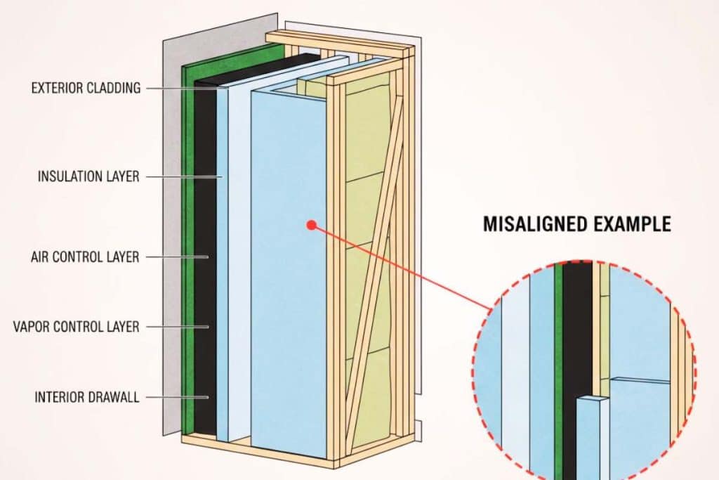 Wall assembly diagram showing insulation, air barrier, and vapor control layers and the effect of discontinuities