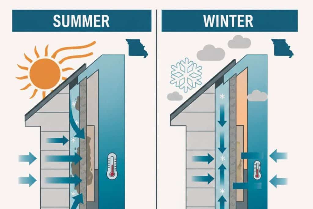 Missouri climate graphic showing summer inward vapor drive and winter outward vapor drive affecting insulation drying behavior