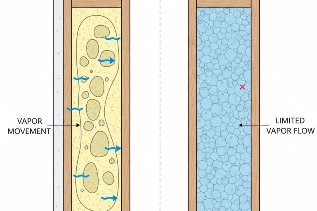 Cutaway showing open-cell foam with interconnected cells allowing vapor movement and closed-cell foam with sealed cells limiting vapor flow