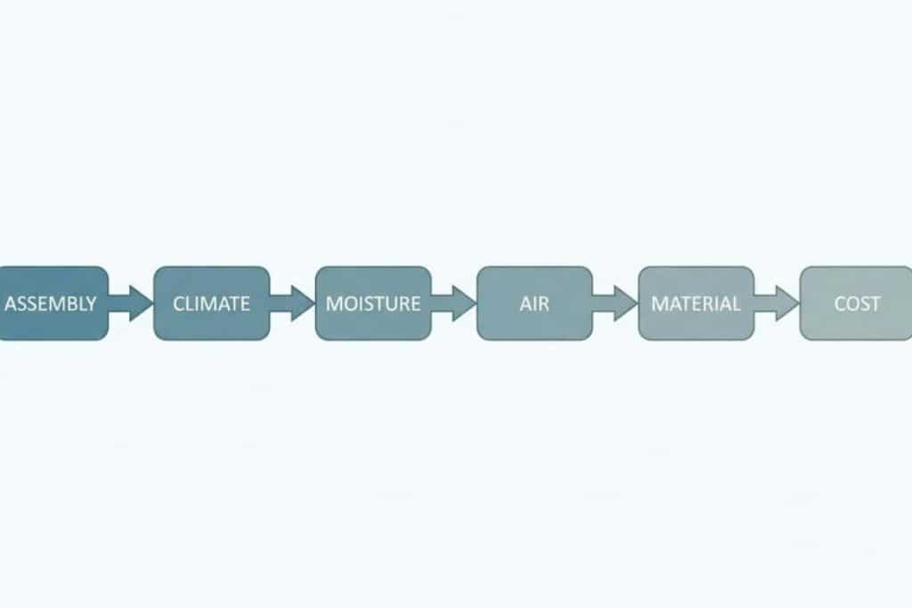 Flowchart showing the sequence for choosing insulation based on assembly, climate, moisture behavior, air control, material fit, and cost