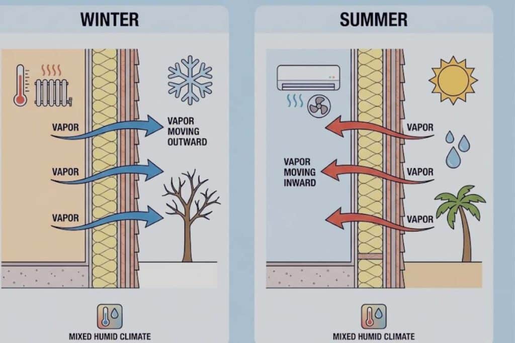 Diagram showing outward vapor movement in winter and inward vapor movement in summer in a mixed humid climate home