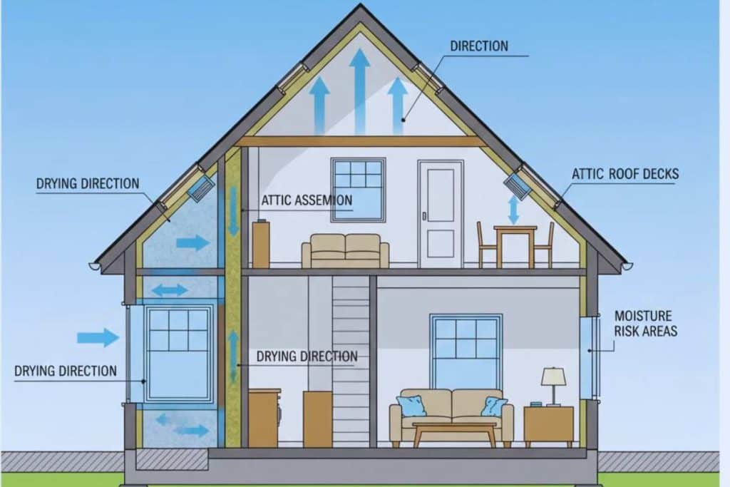 Building section showing wall cavities, roof decks, and attic assemblies with arrows indicating drying direction and moisture risk areas