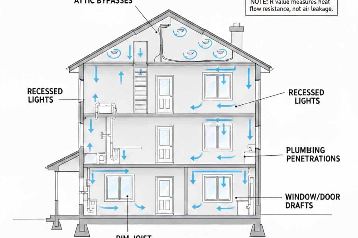 Home diagram showing air leakage routes through attic gaps and lower level openings