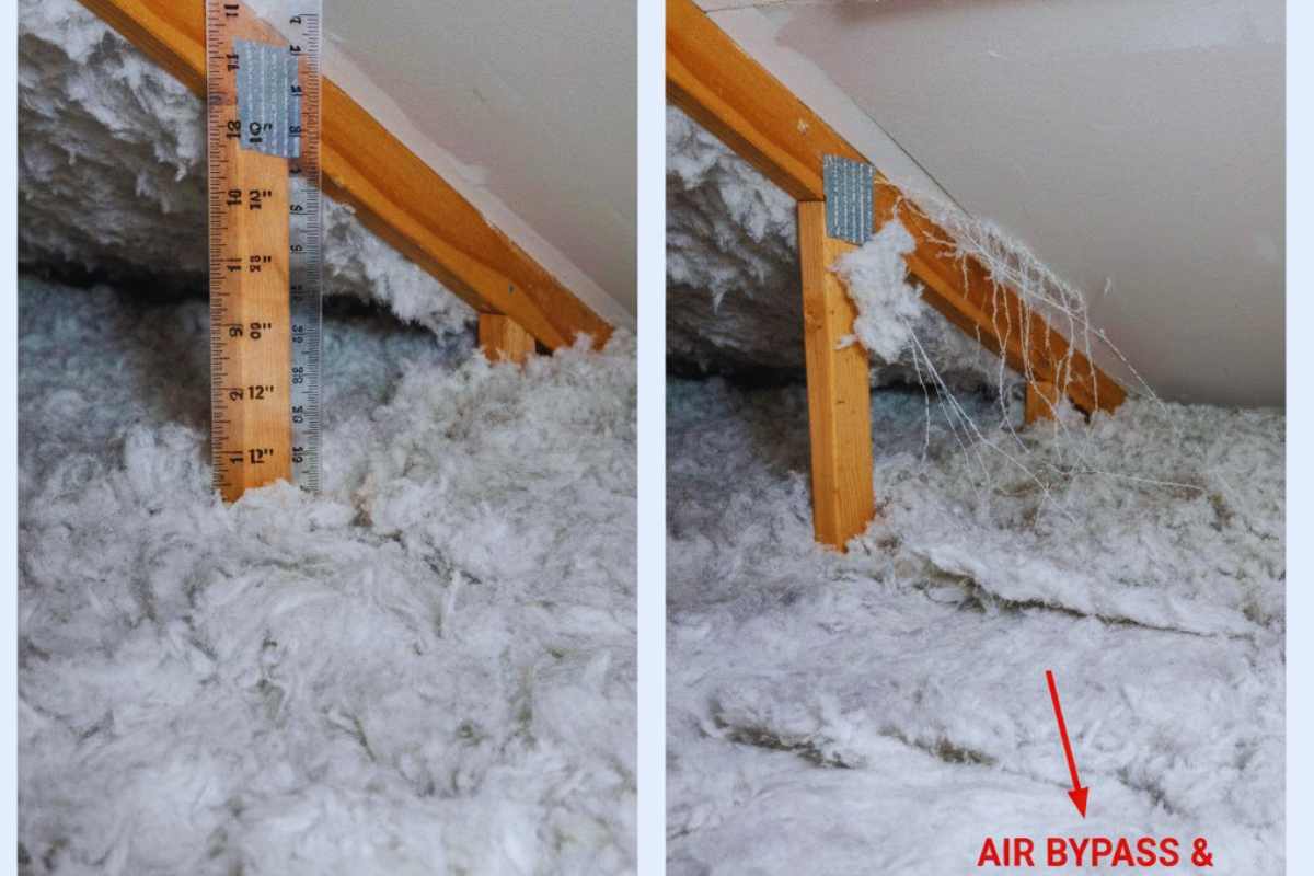 Attic insulation shown evenly installed on one side and disturbed near air leakage areas on the other