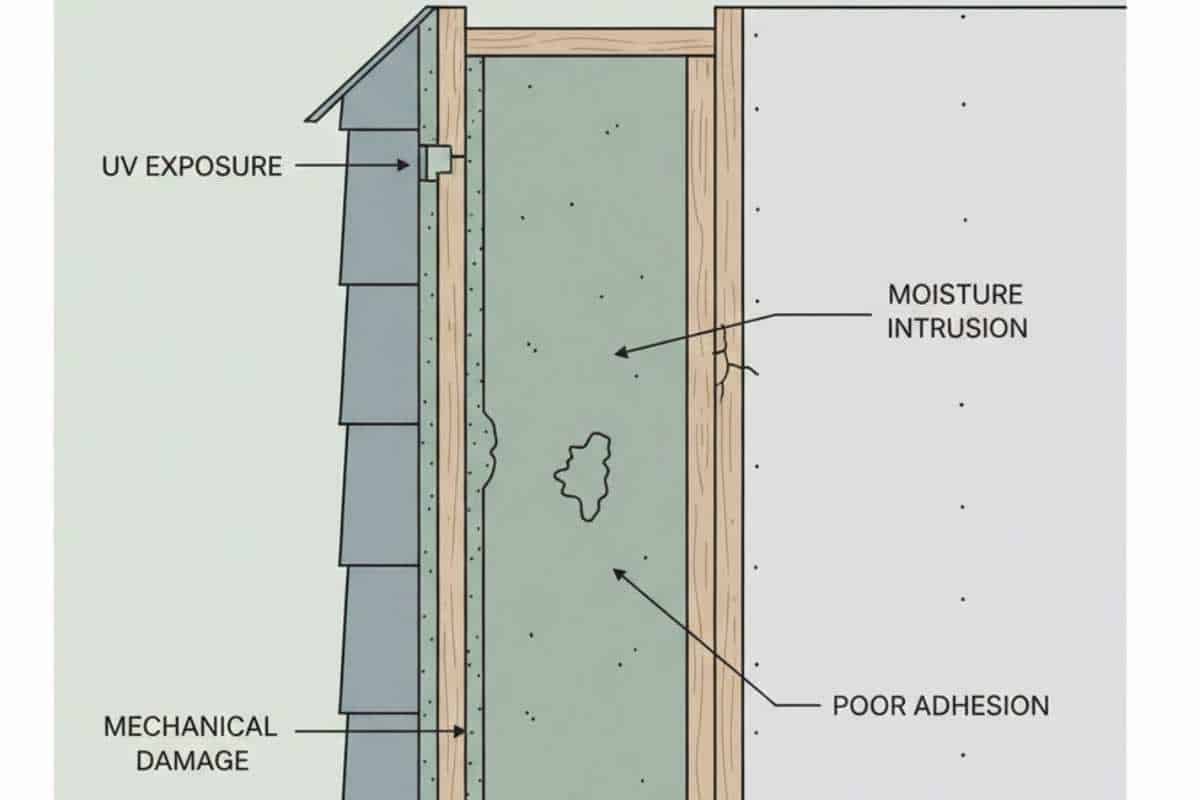 Diagram showing environmental and installation factors that reduce spray foam insulation performance