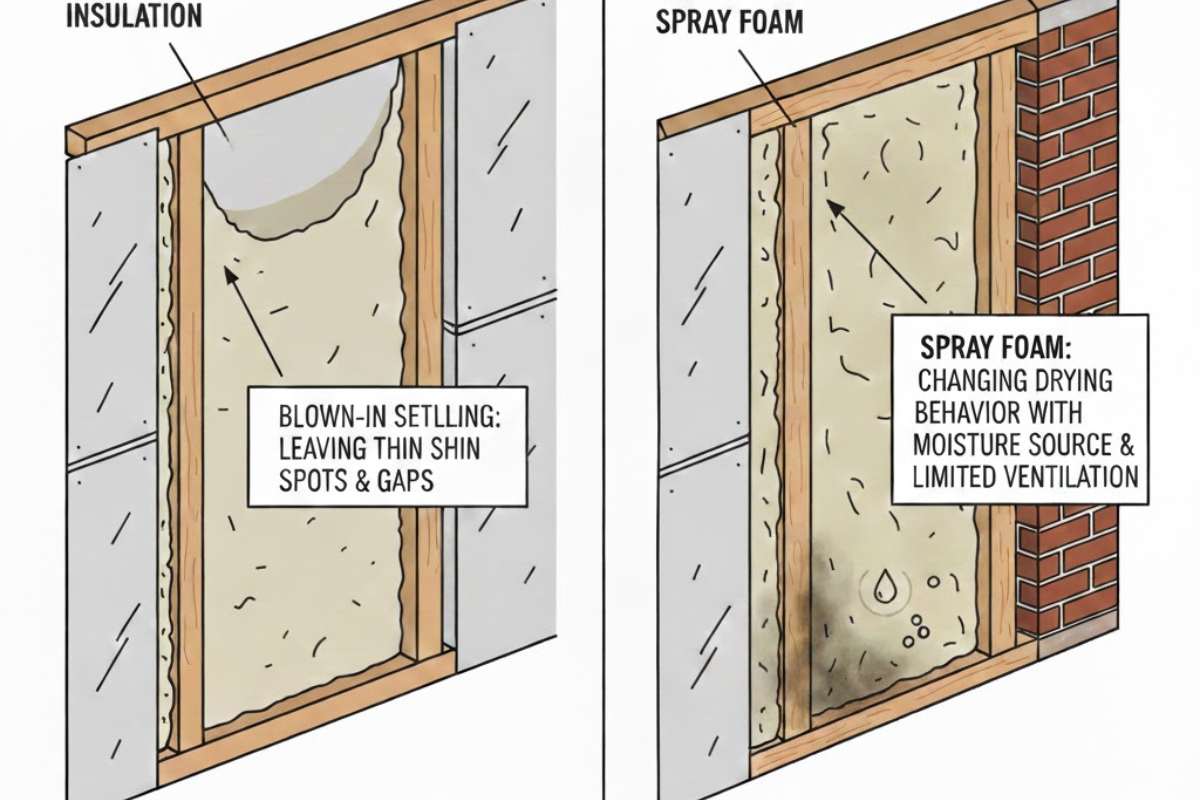 Diagram showing blown in insulation settling and a spray foam assembly with limited drying potential