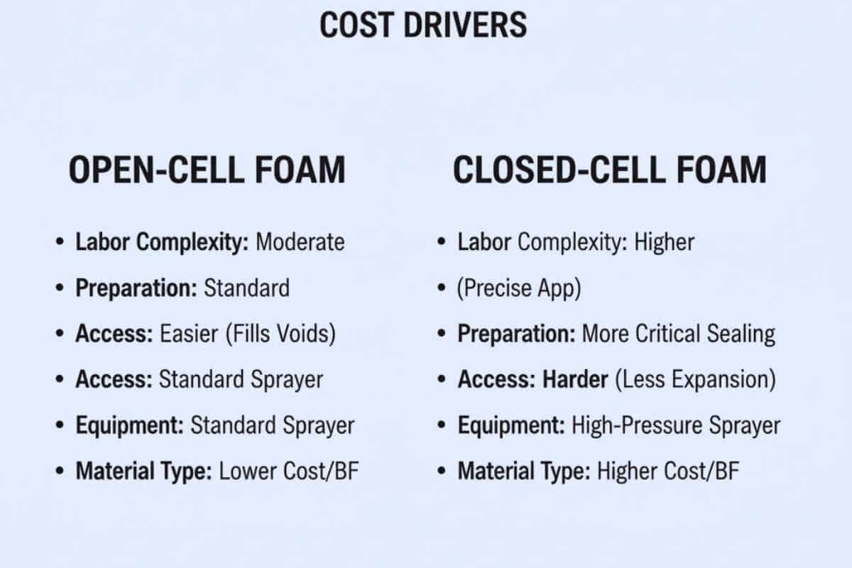 Cost factor list showing labor access prep and equipment differences between spray foam and blown in insulation