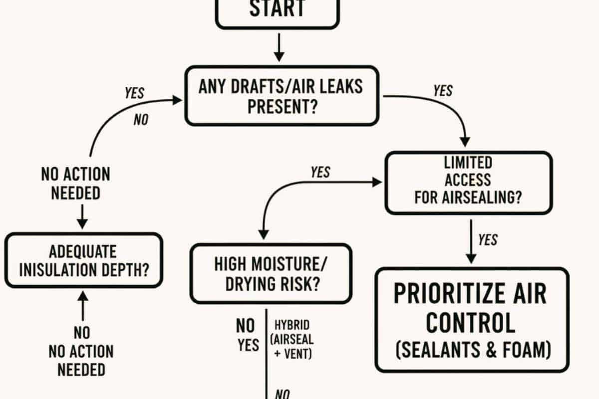 Flowchart showing decision rules based on drafts access moisture risk and insulation depth