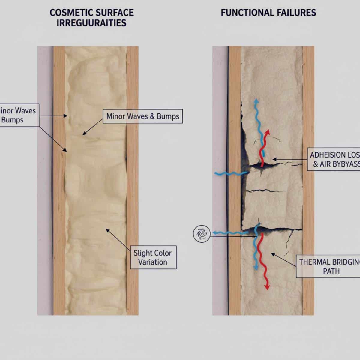 Comparison showing cosmetic spray foam issues versus functional performance failures