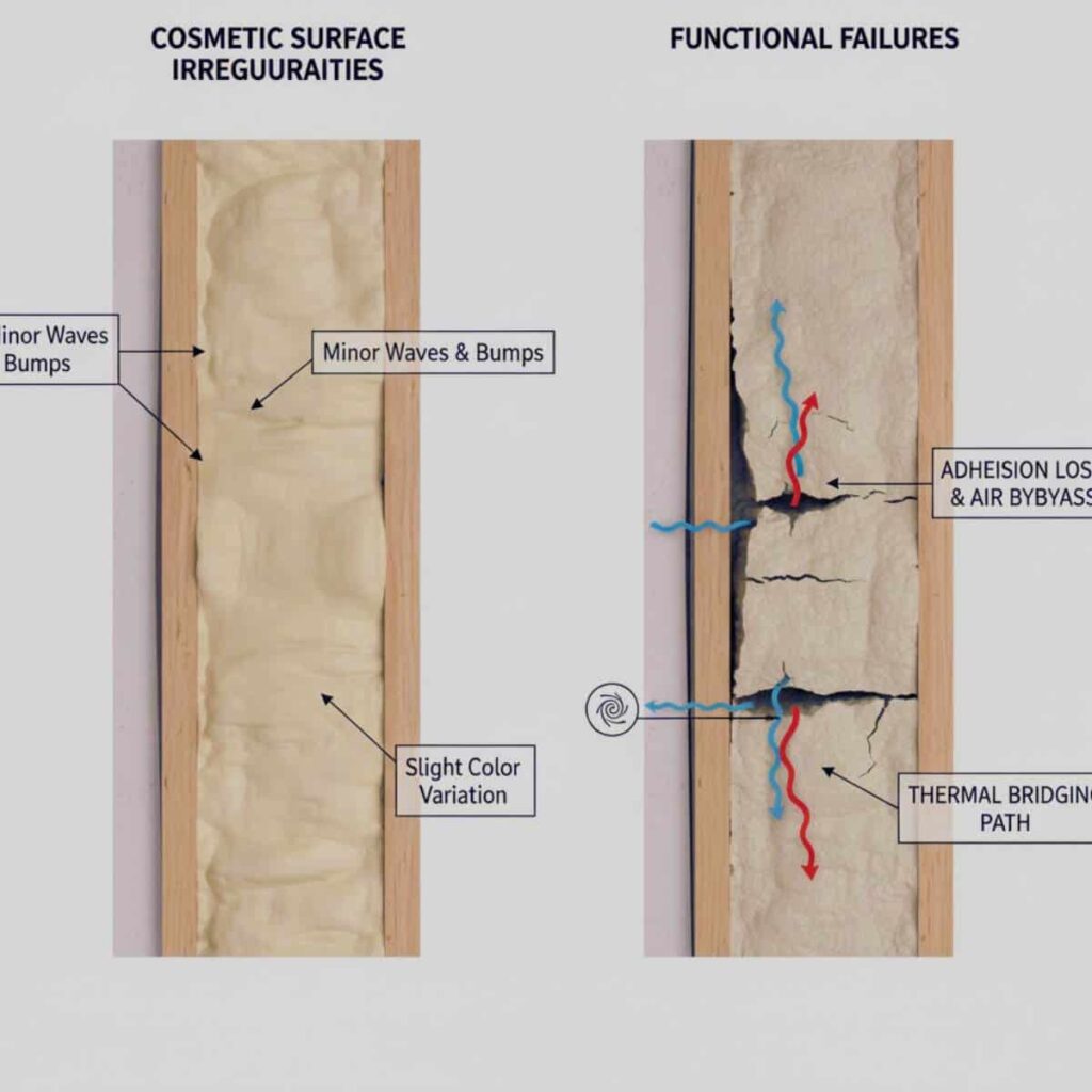 Comparison showing cosmetic spray foam issues versus functional performance failures