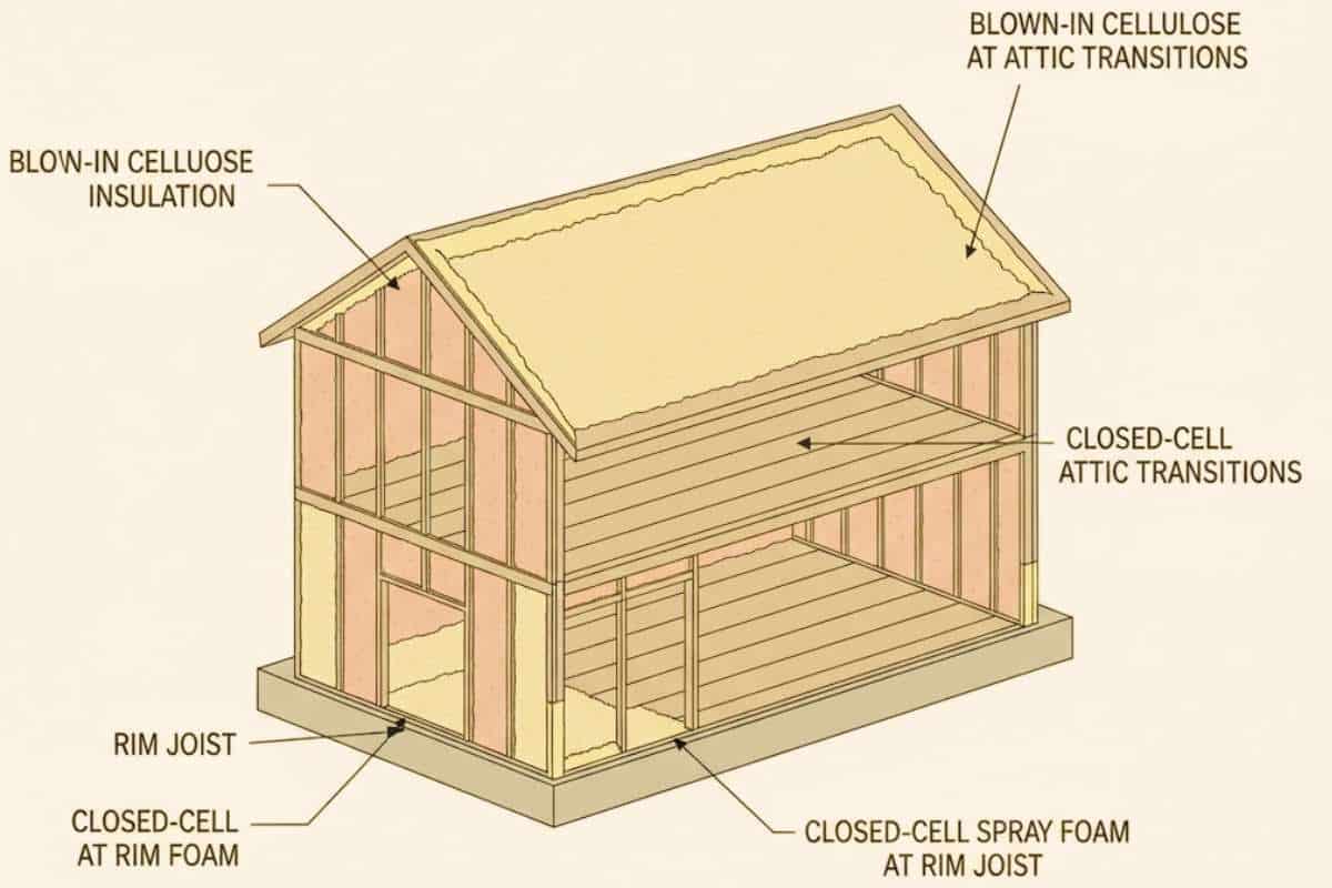 Diagram showing spray foam used at rim joist and attic edges with blown in insulation across the attic floor