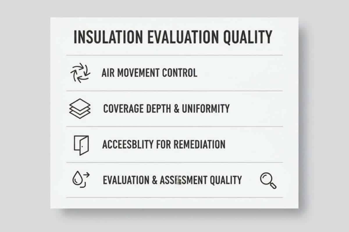Checklist summarizing air movement insulation coverage access drying paths and evaluation quality