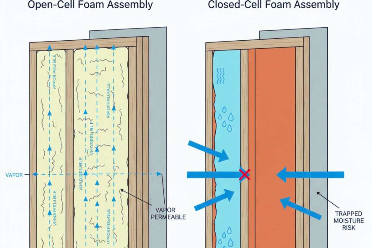 Comparison diagram showing vapor permeability differences between open-cell and closed-cell spray foam
