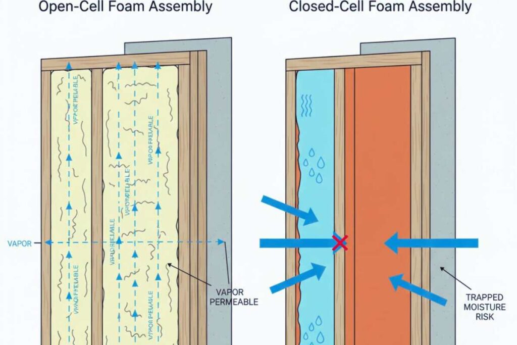 Comparison diagram showing vapor permeability differences between open-cell and closed-cell spray foam