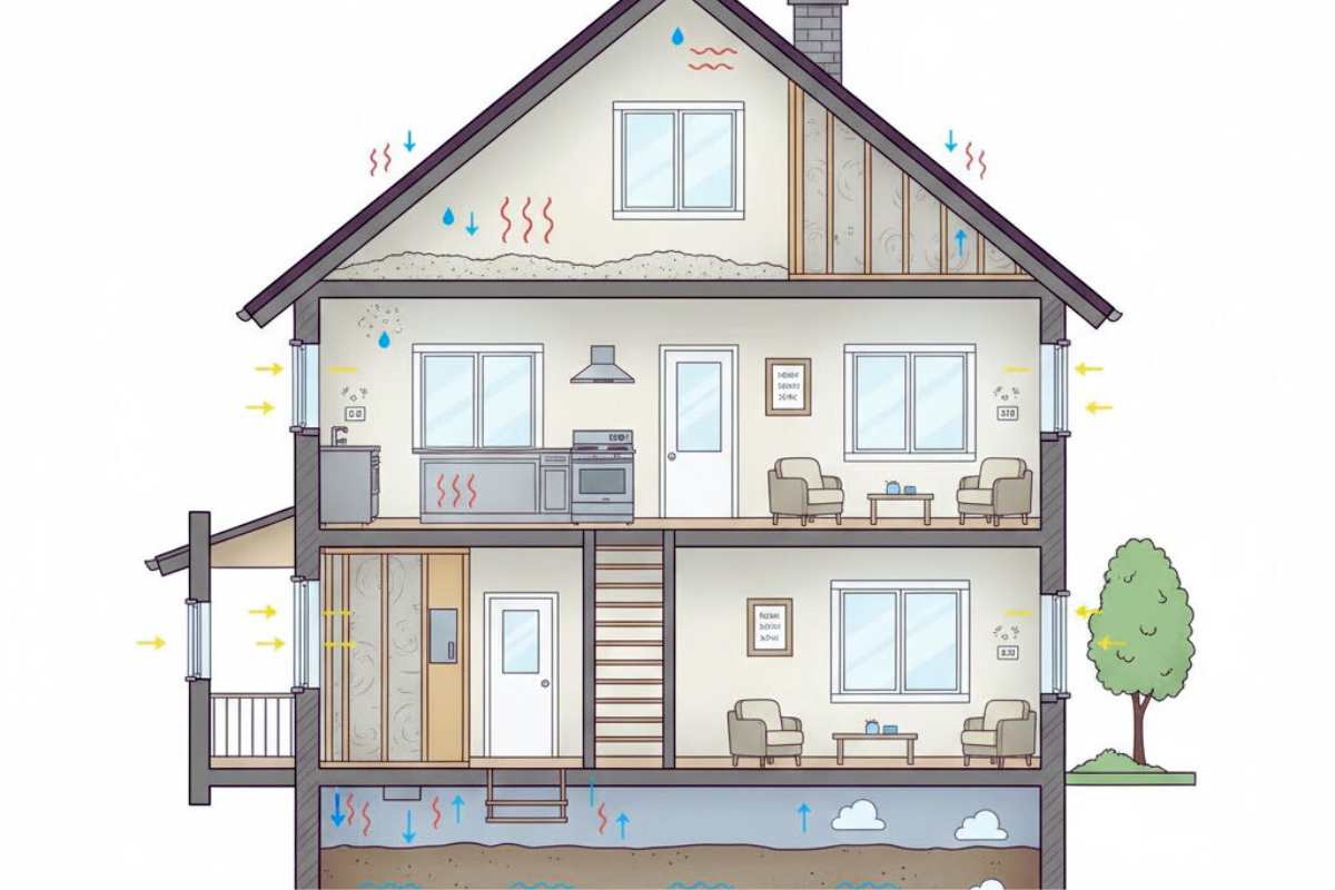 House cross section showing different spray foam exposure conditions by location