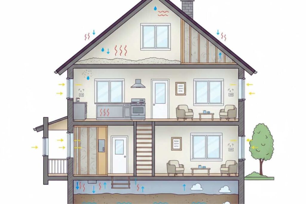 House cross section showing different spray foam exposure conditions by location