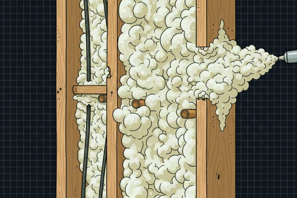 Spray foam expanding in a stud cavity to seal gaps around wiring and framing joints