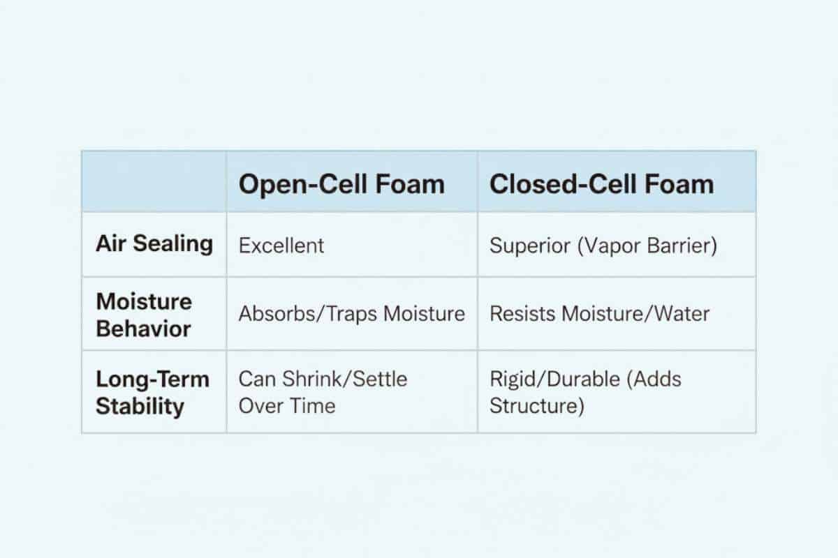 Comparison table showing air sealing moisture behavior and long term stability for spray foam and blown in insulation