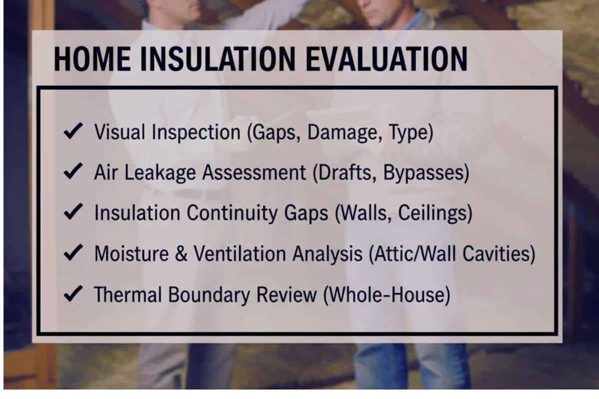 Evaluation checklist showing insulation coverage air leakage paths and moisture and ventilation considerations